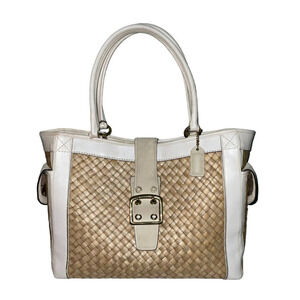 COACH Handbag Tote Bag Straw Cream Leather Suede Brass Purse Bag